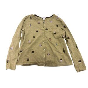 Cj Banks Green Coffee Cup Pattern Button-Up Cardigan Womens X 100% Cotton 14W